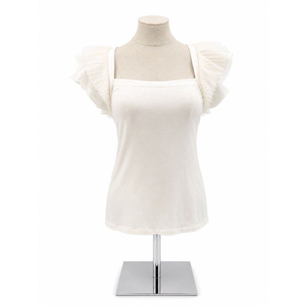 BCBG White Pleated Ruffle Sleeve Stretch Blouse Top Size XS Cream Y2k Style